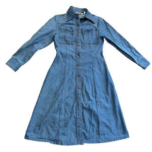 Vintage 70s Denim Dress 8* Button Up Midi Western Jean Dagger Butterfly Collar